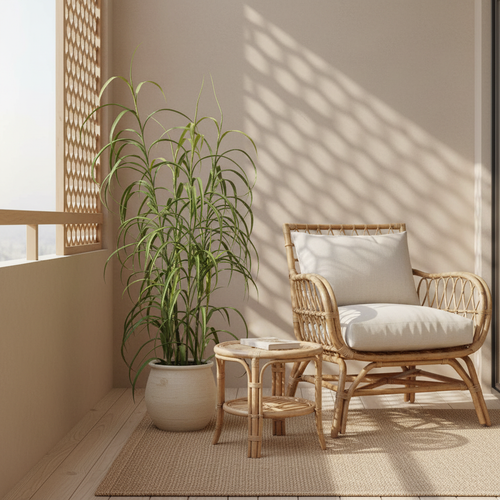 Tall artificial grass plant on a sheltered balcony with warm afternoon light and rattan furniture