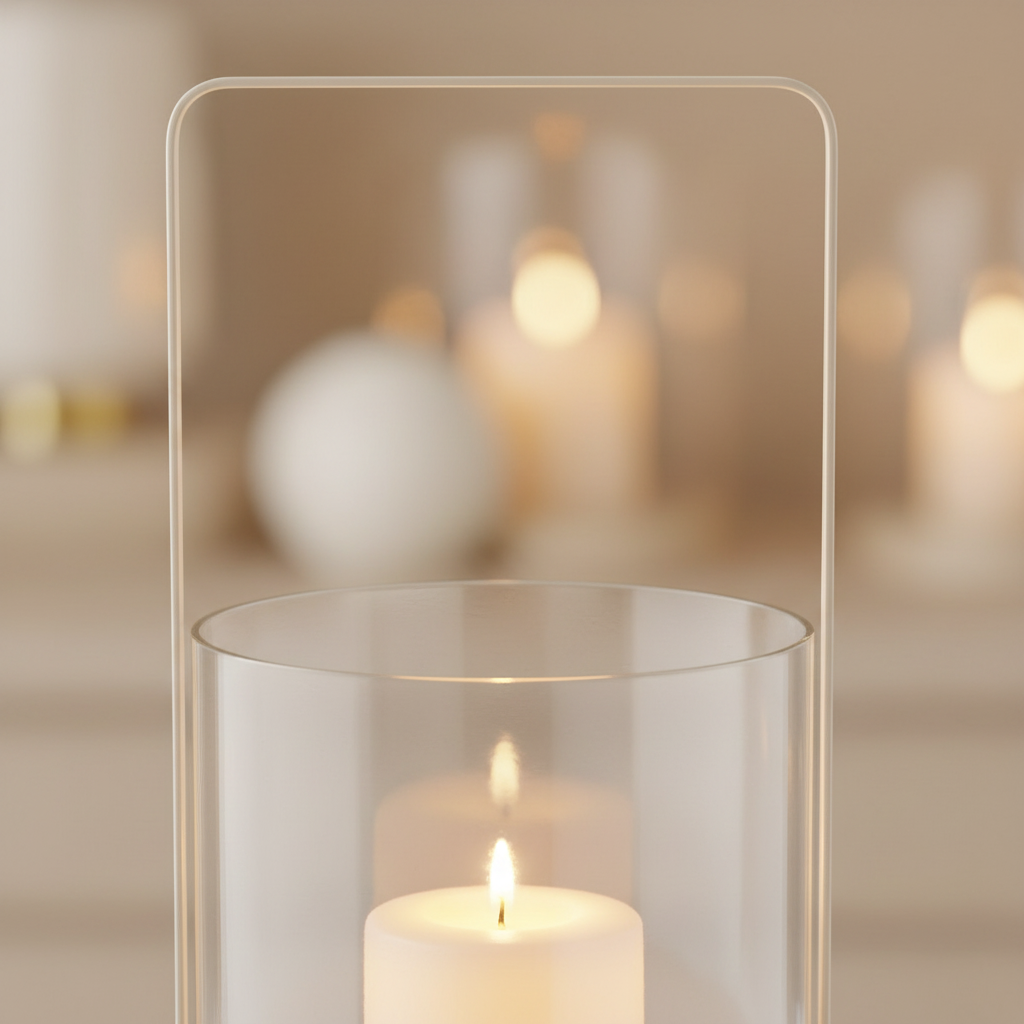 Close-up of beige glass and metal hurricane candle holder with warm candlelight glowing inside