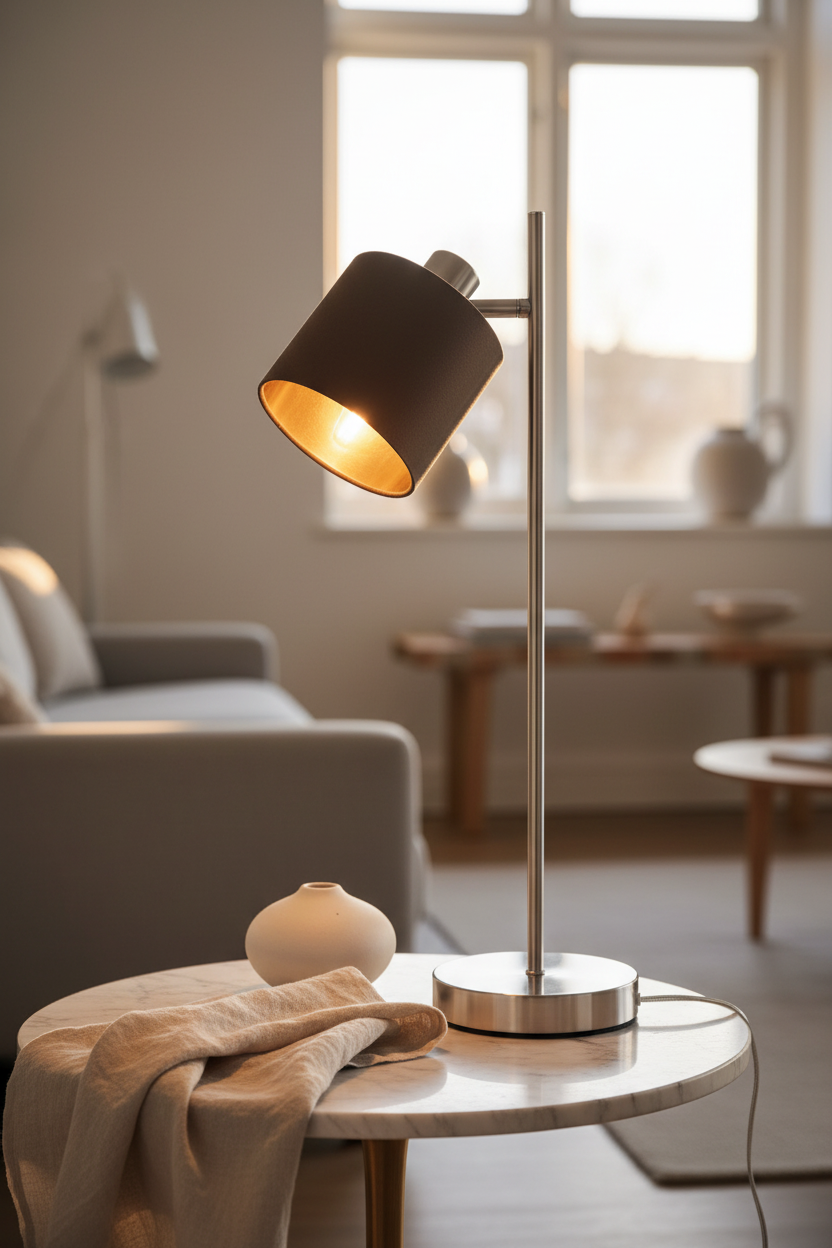 Maron taupe and nickel table lamp on marble side table with ceramic object and linen cloth