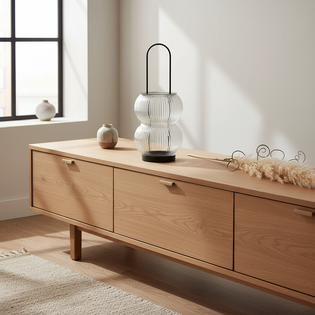 Lucena black metal ribbed glass lantern on a sideboard in a Nordic interior with dried botanical styling