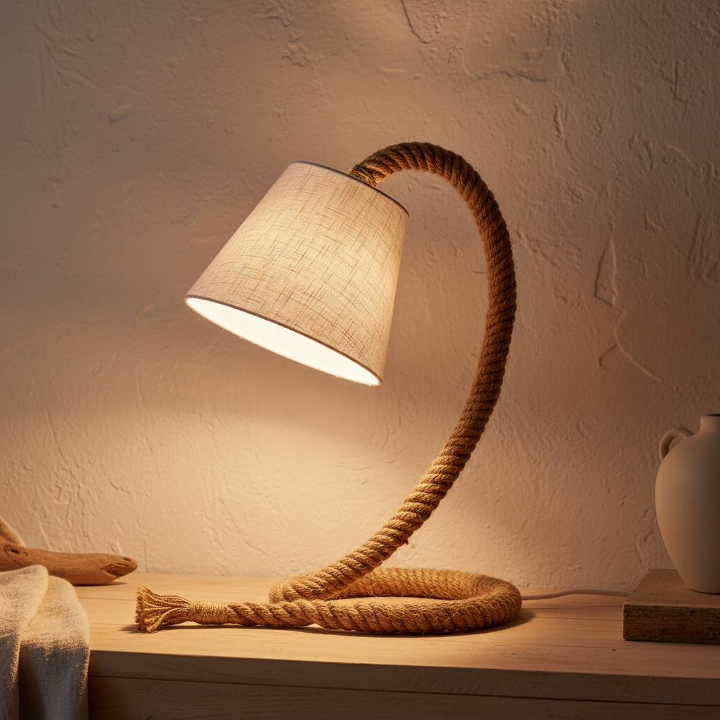 Touw lamp close-up detail of natural jute rope arm and white textile shade