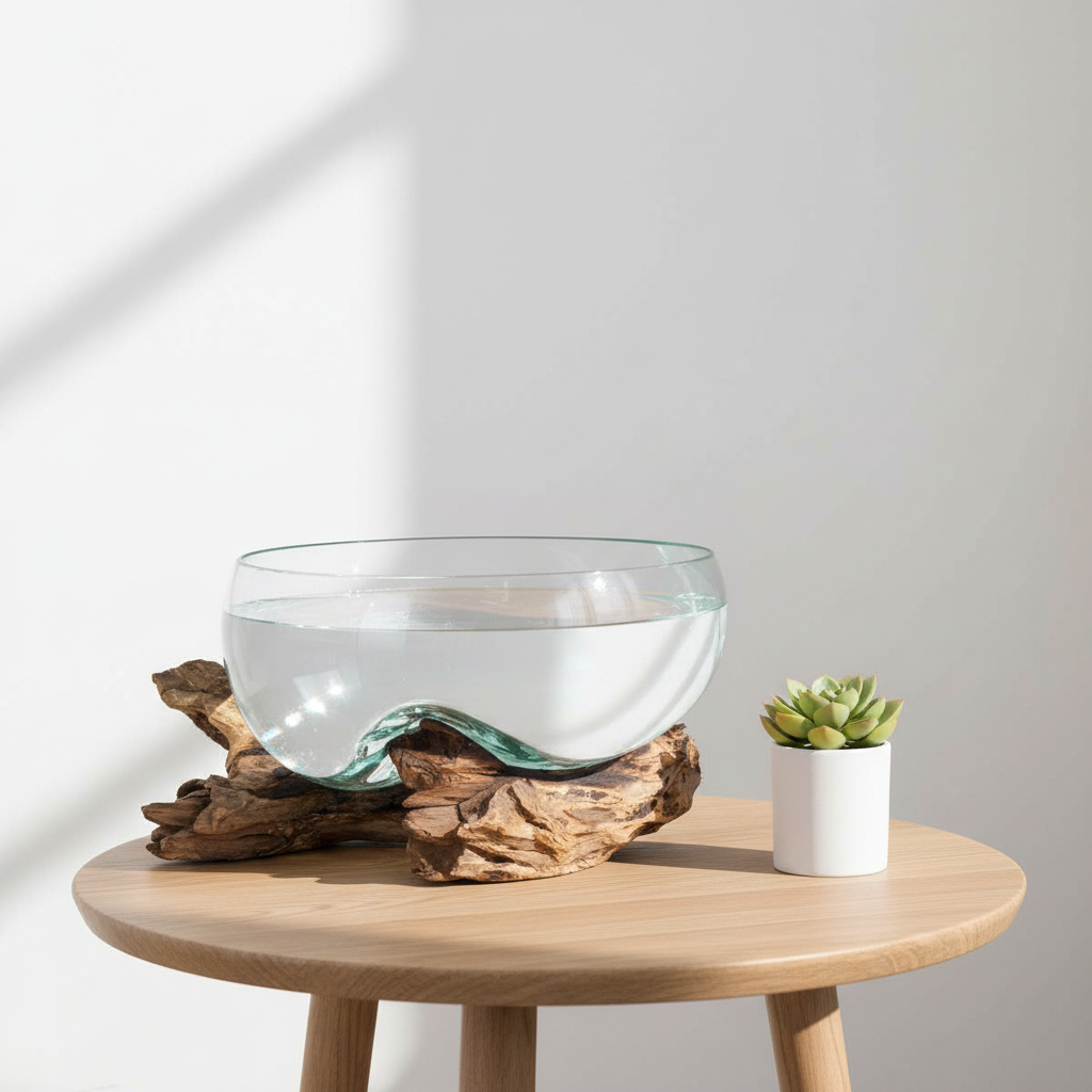San Marino Waterdrop teak glass vase on an oak side table next to a small succulent, soft daylight