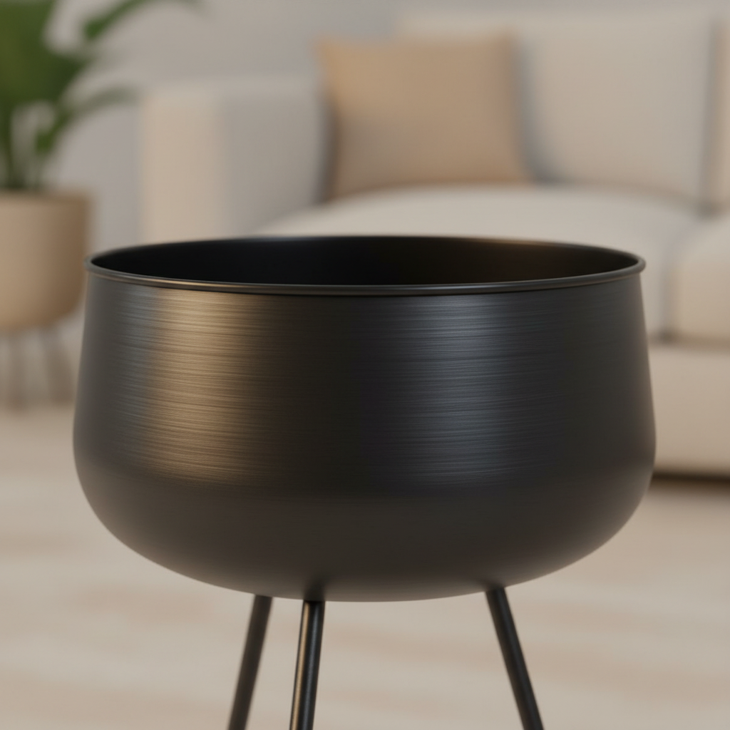 Close-up of black steel Ardola plant pot showing wide bowl shape, tripod legs and matte black finish