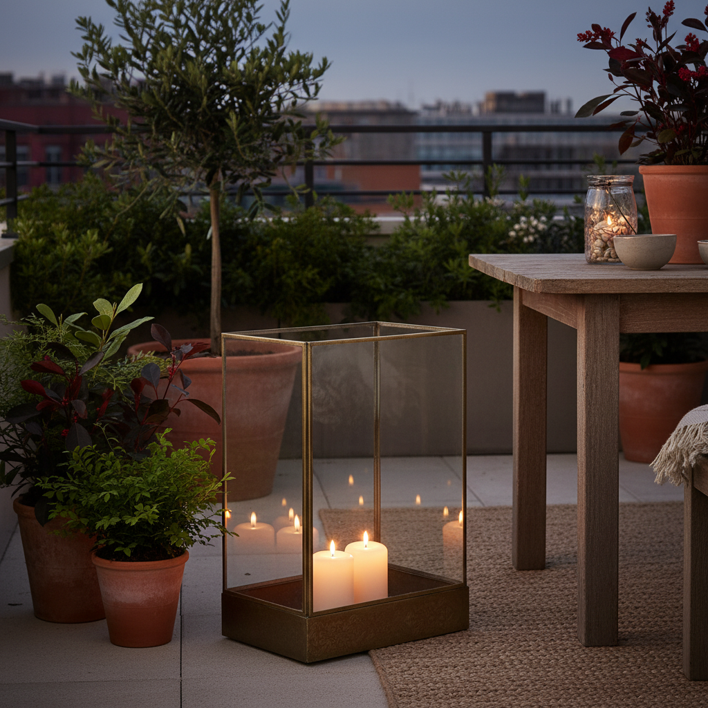 Manali antique brass lantern on a sheltered terrace at dusk with warm candlelight and potted plants