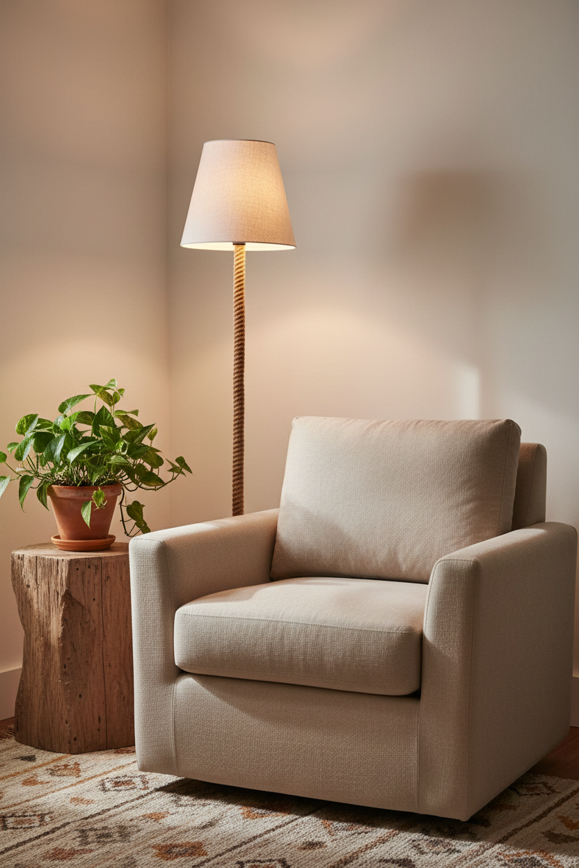 Touw rope floor lamp in reading nook corner beside linen armchair and plant
