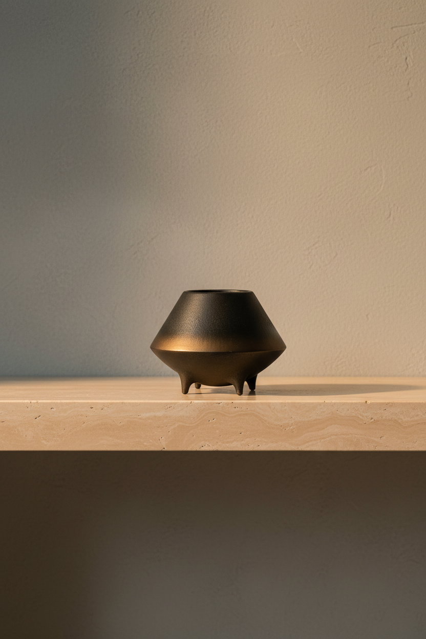 Bronze-to-black ceramic sculptural bowl on a travertine console against a warm limewash wall