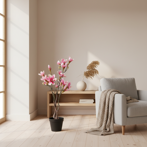 Tall slender realistic artificial magnolia tree with pink blossoms and green leaves styled in a Scandinavian living room