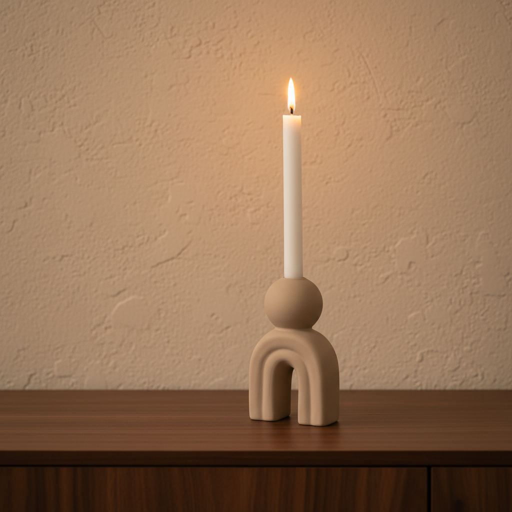 Bello stoneware candle holder close-up on walnut console, lit taper