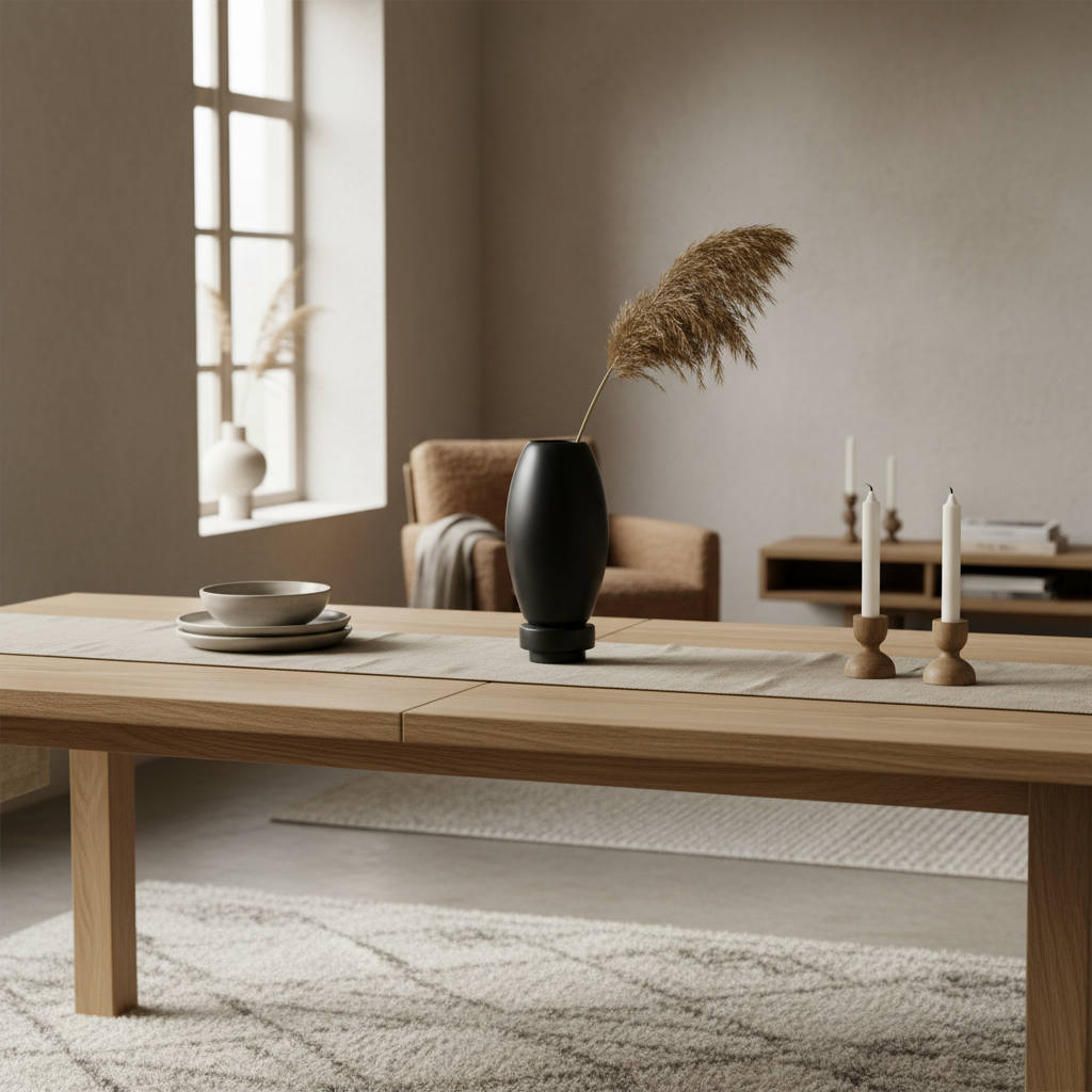 Matte black RUDAL microcement vase with a single dried stem on a console in a warm Nordic interior