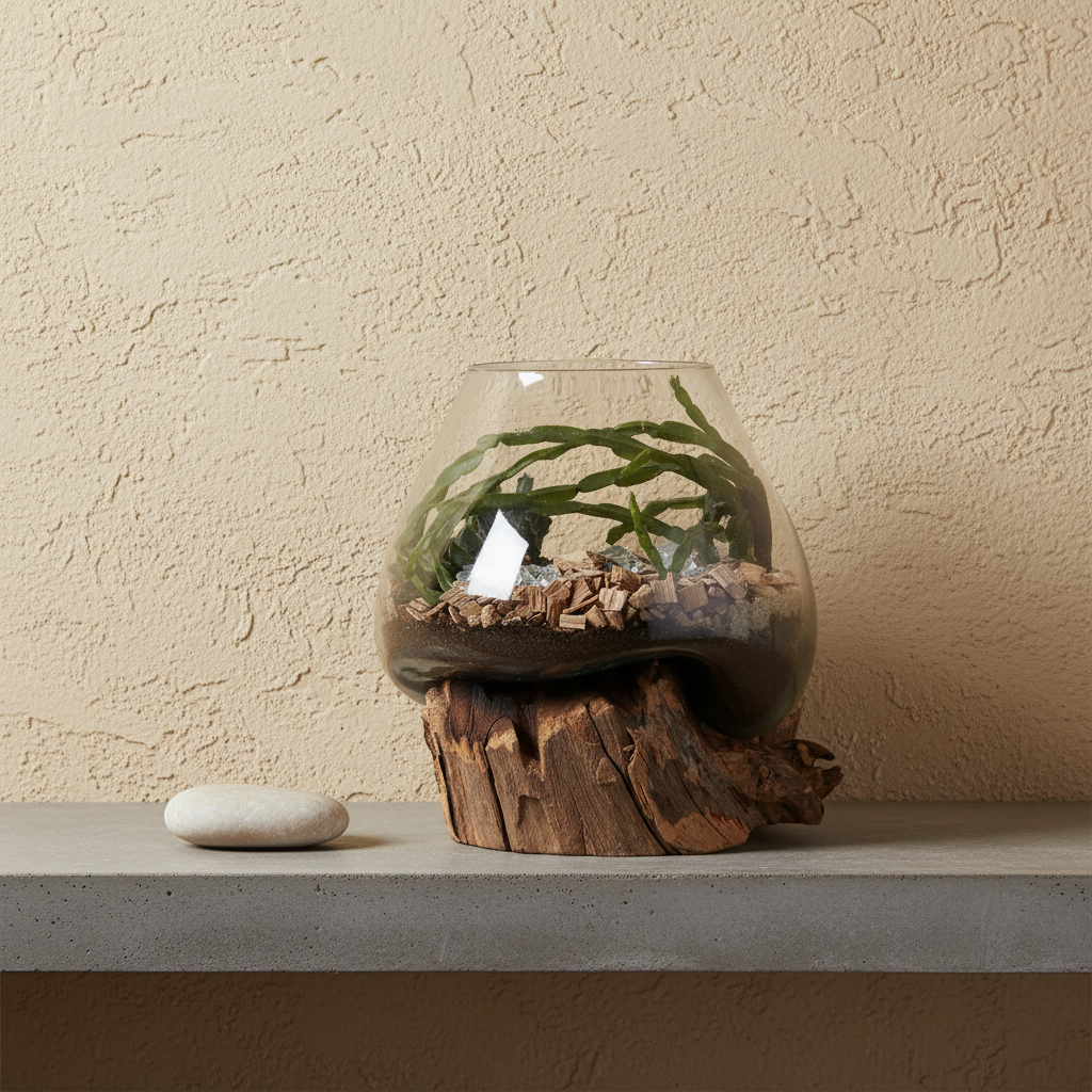 Belor Teak Waterdrop Display on concrete shelf with limewash wall