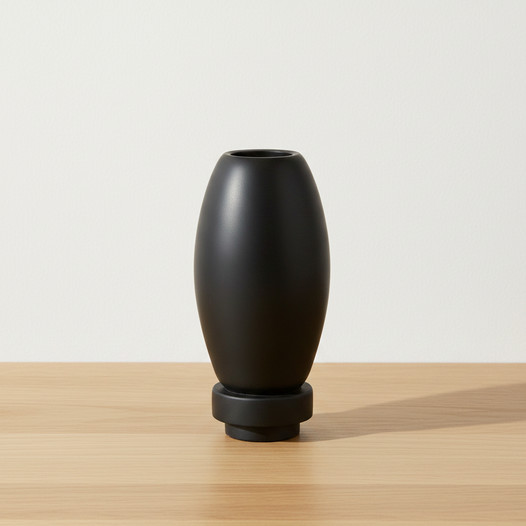 Matte black RUDAL microcement vase on oak surface with soft daylight and clean off-white background