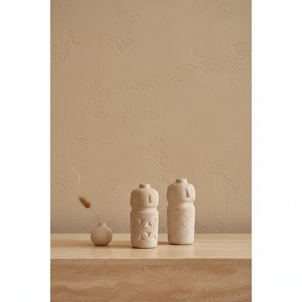 Rugo Beige Cement Decorative Object on travertine console with limewash wall