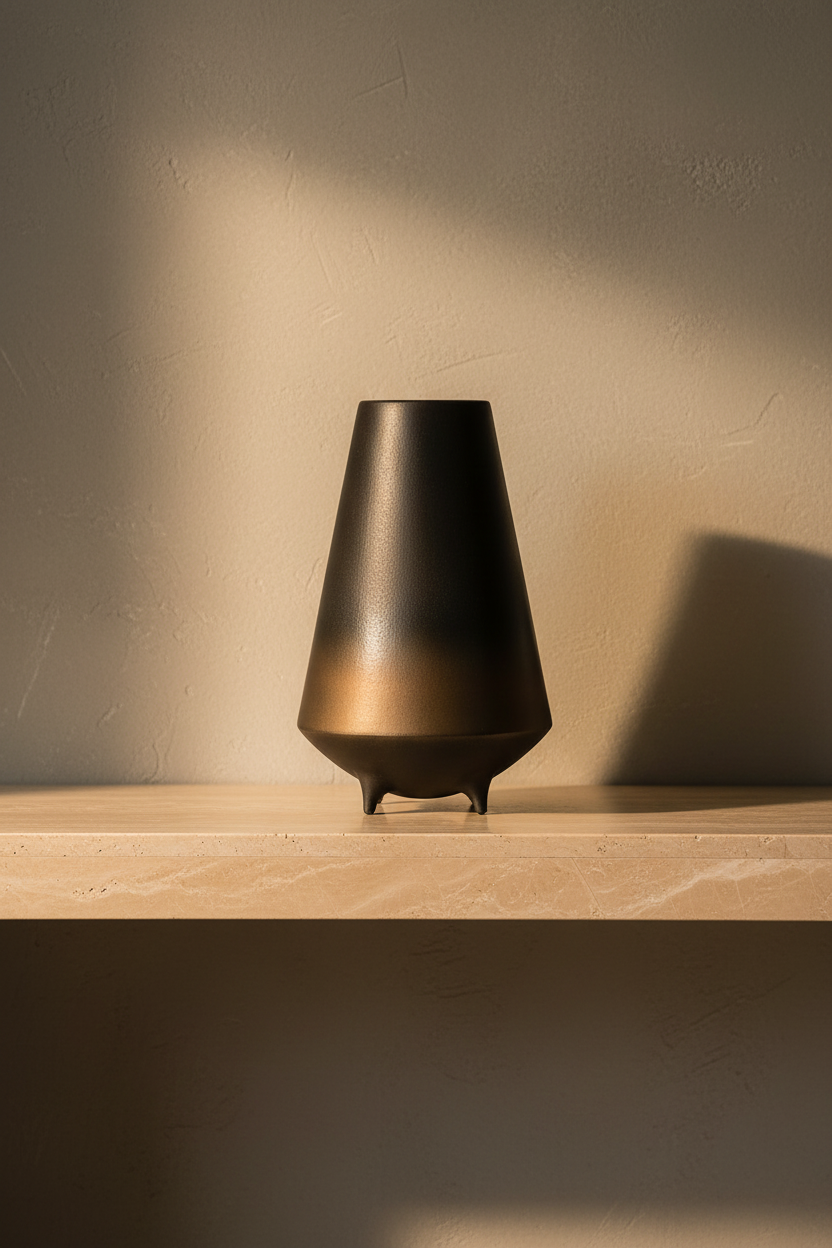 Tall bronze-to-black ceramic vase on a travertine console against a warm limewash wall