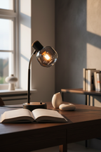 Fumoso black smoked glass table lamp on dark oak desk with ceramic object and book
