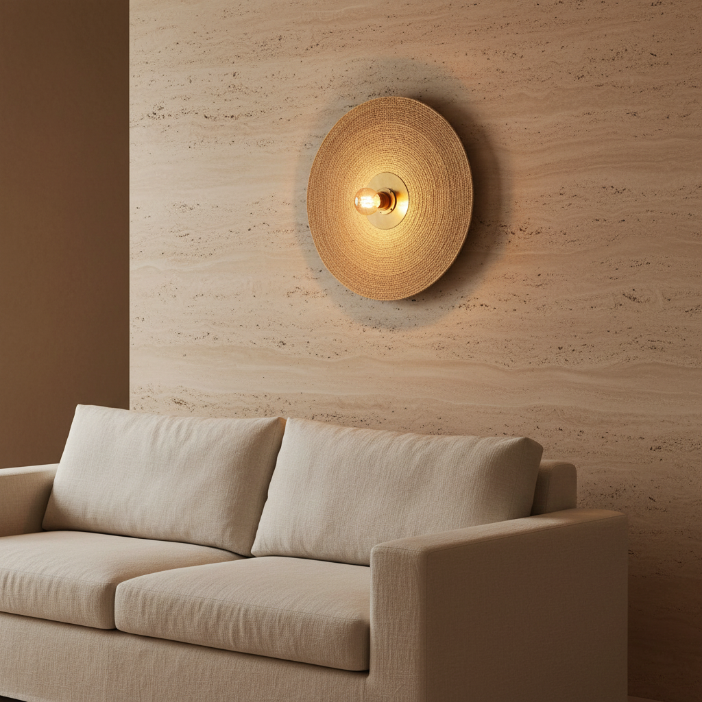 Let's Groove Woven Grass Wall Lamp in woonkamer naast linnen bank