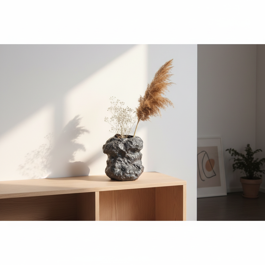 Black rock-look ceramic vase styled on a Scandinavian shelf with dried botanicals and warm light