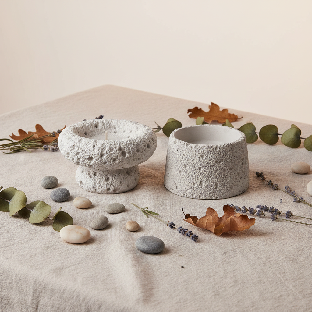 Flat lay of two grey cement candle holders with linen cloth, pebbles and dried herbs on neutral background