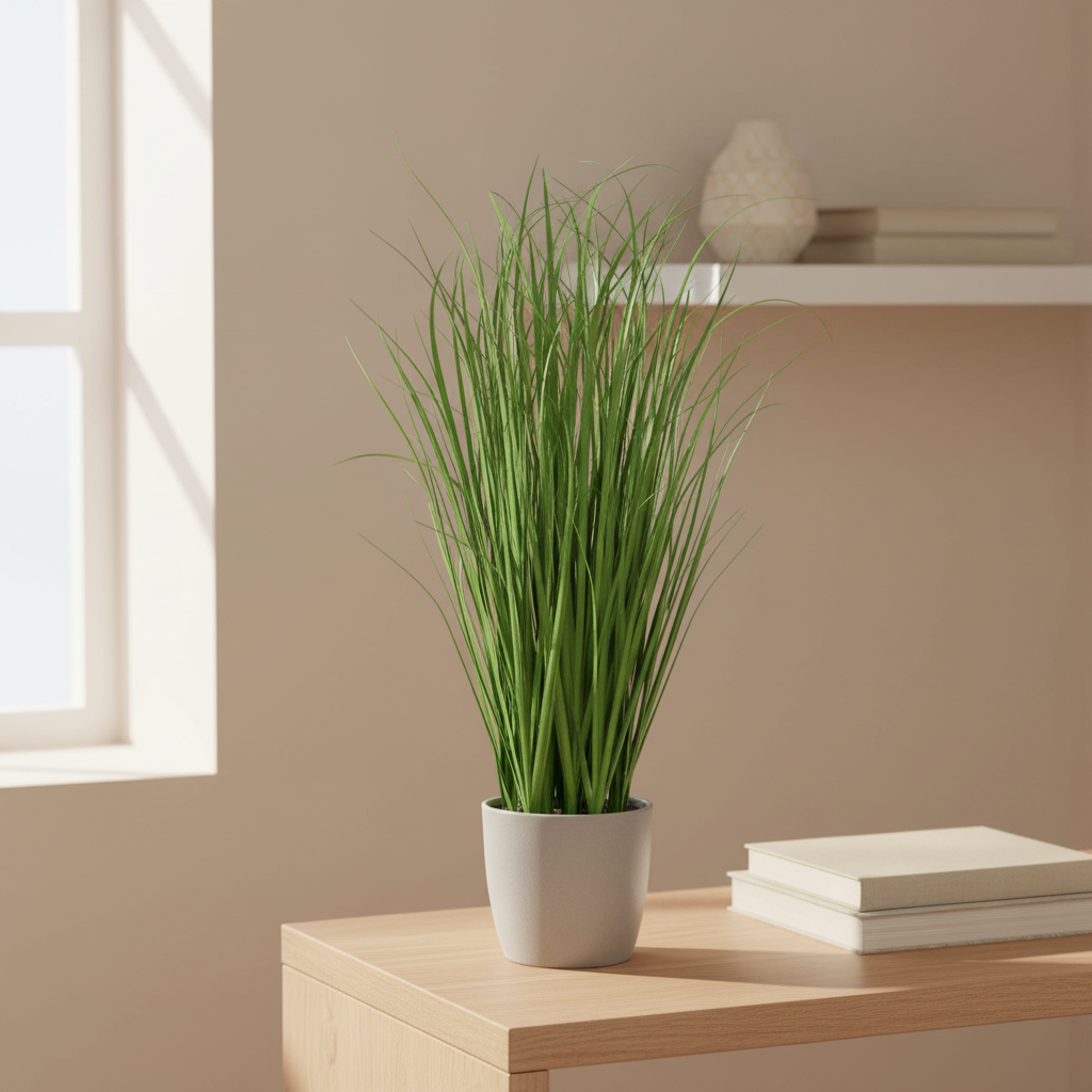 Small artificial poa grass plant with slender green blades styled on a Scandinavian shelf with warm natural light