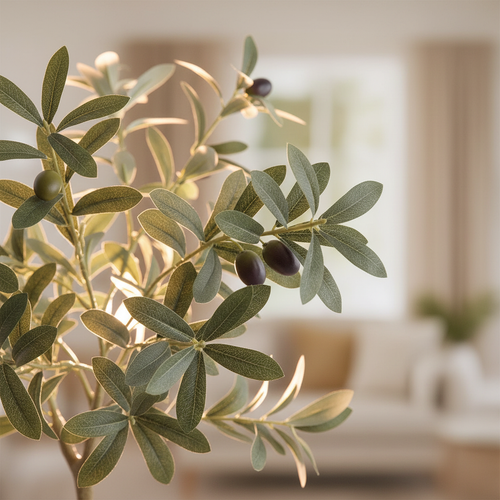 Close-up of artificial olive tree silvery-green leaves and branches with soft warm backlight