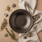 Ulfur East+West ceramic plate flat lay with linen cloth, pebbles and dried herbs on warm neutral background