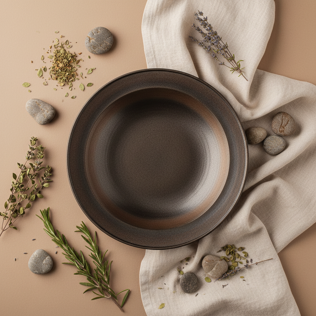 Ulfur East+West ceramic plate flat lay with linen cloth, pebbles and dried herbs on warm neutral background