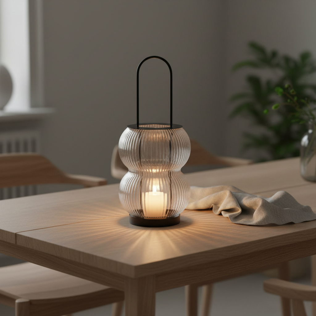 Lucena black metal ribbed glass lantern styled on a Scandinavian dining table with warm candlelight