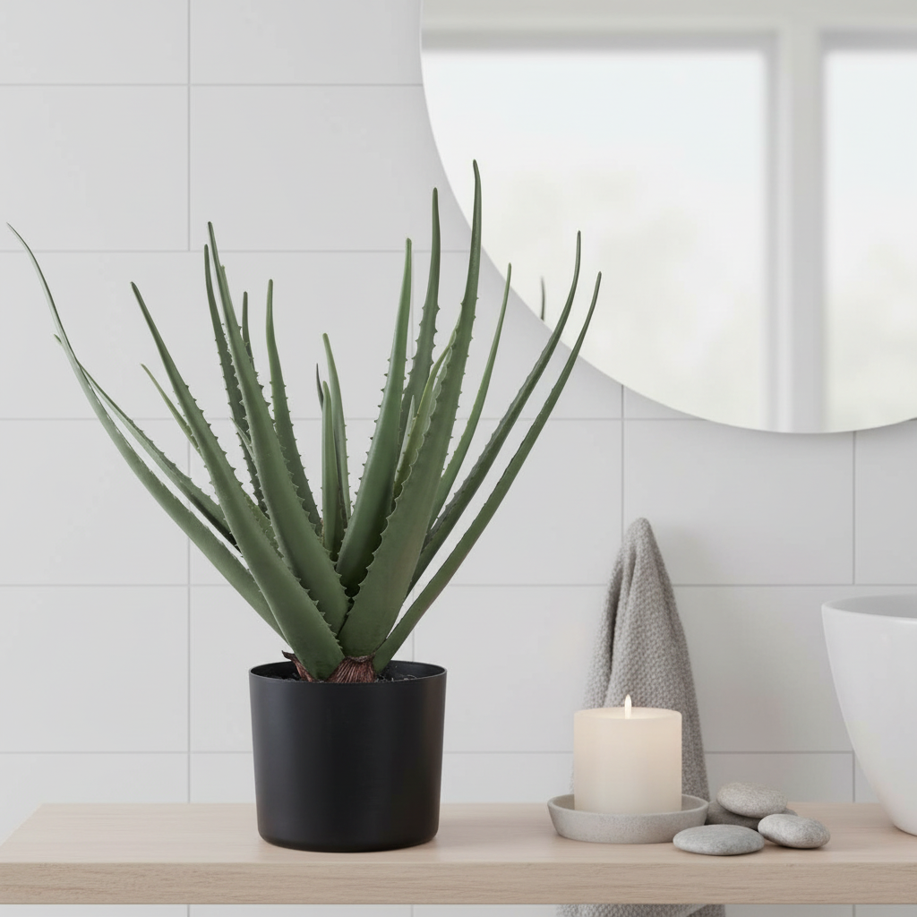 Realistic artificial Aloe Vera plant on a bathroom shelf in a calm Nordic interior with candle and pebble