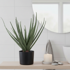 Realistic artificial Aloe Vera plant on a bathroom shelf in a calm Nordic interior with candle and pebble
