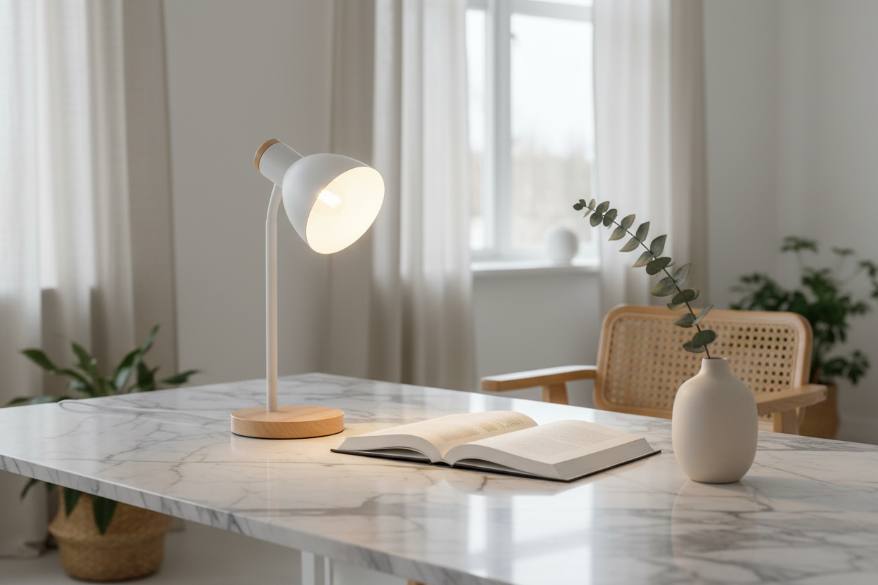 Marie white desk lamp on marble surface with ceramic vase and open book