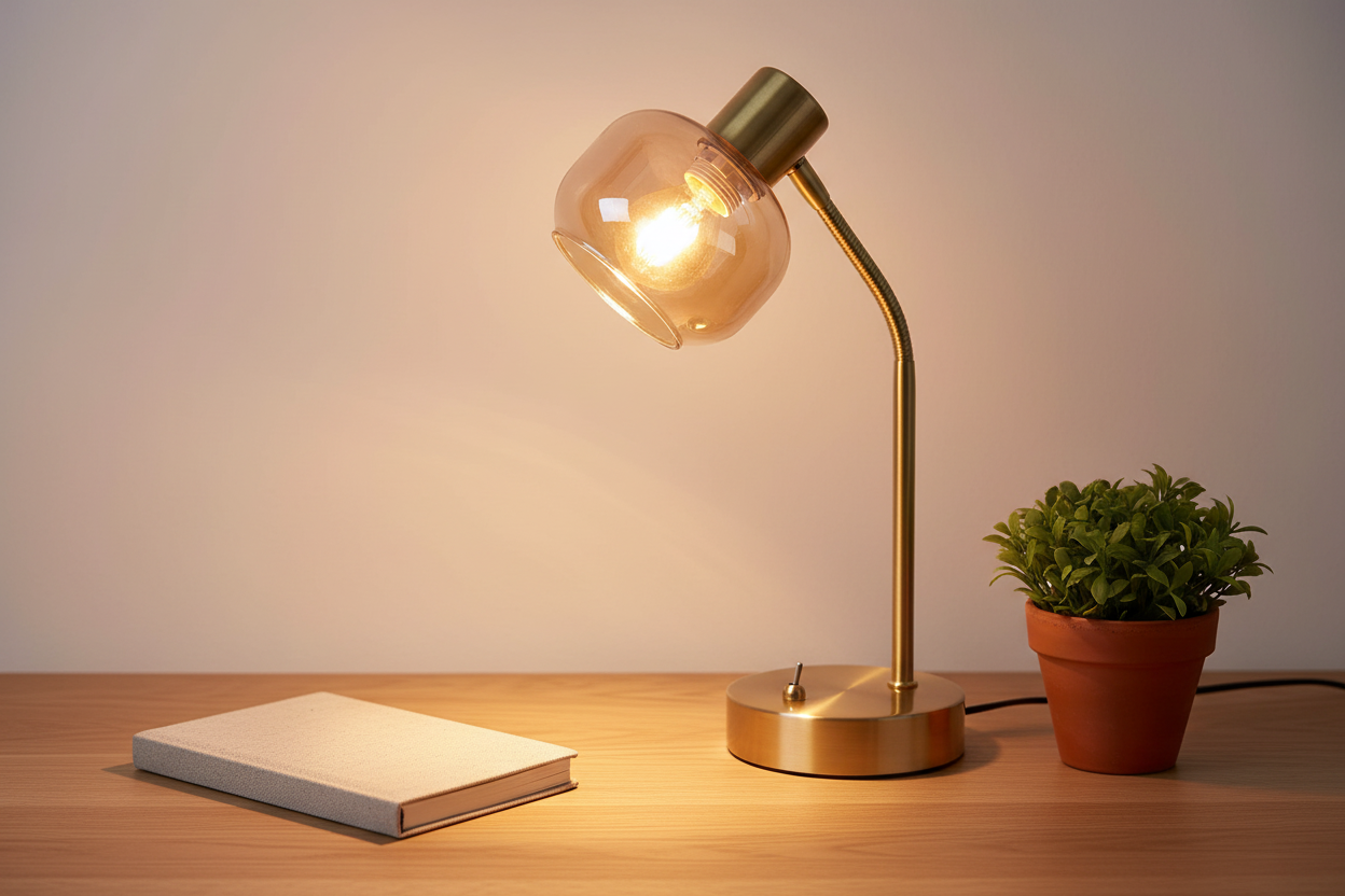 Libby brass gooseneck lamp on oak desk with linen notebook and small plant