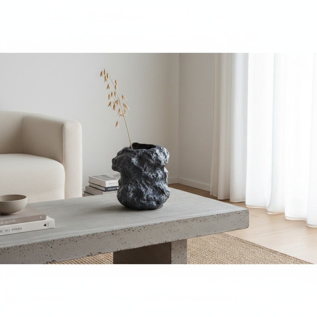 Black rock-look ceramic vase on concrete surface in a modern Nordic interior with a single dried stem
