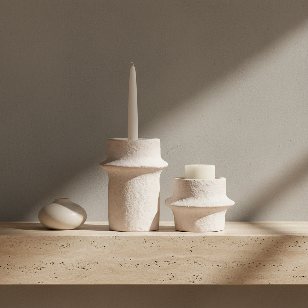 Cemina cement candle holders on travertine console, concrete wall, straight-on