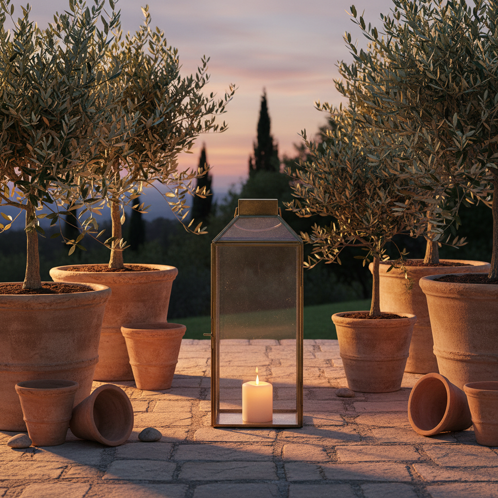 Decorative lantern with a candle surrounded by potted olive trees on a stone patio.