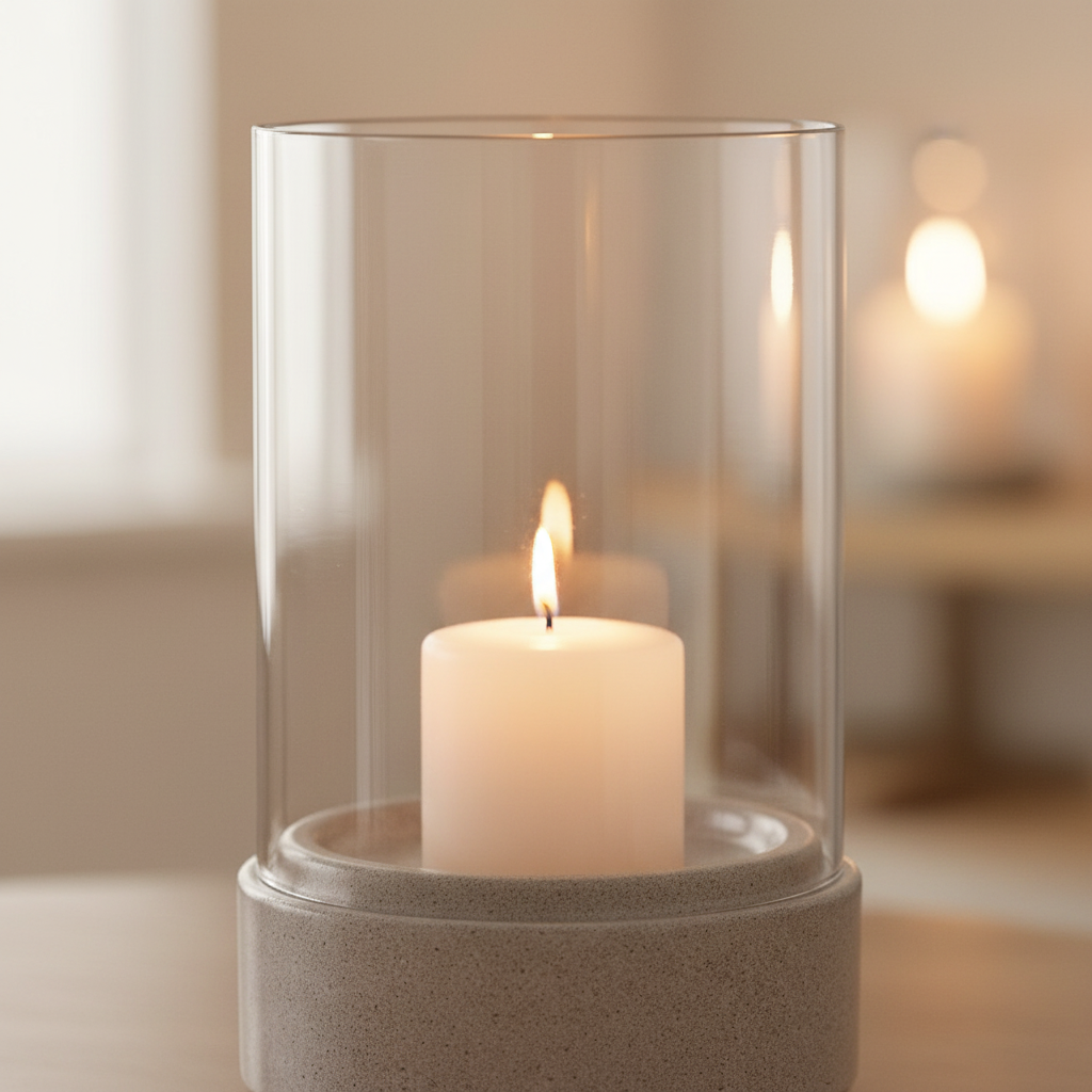 Close-up of grey ceramic base and glass chimney of hurricane candle holder with warm candlelight glow