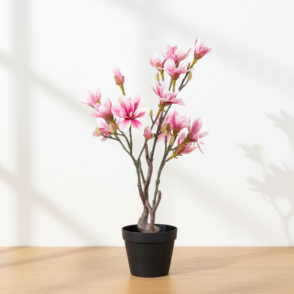 Tall slender realistic artificial magnolia tree on oak surface with soft daylight and clean off-white background