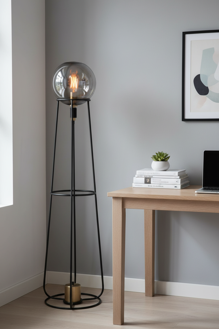 Stelo sculptural floor lamp in home office corner beside wooden desk