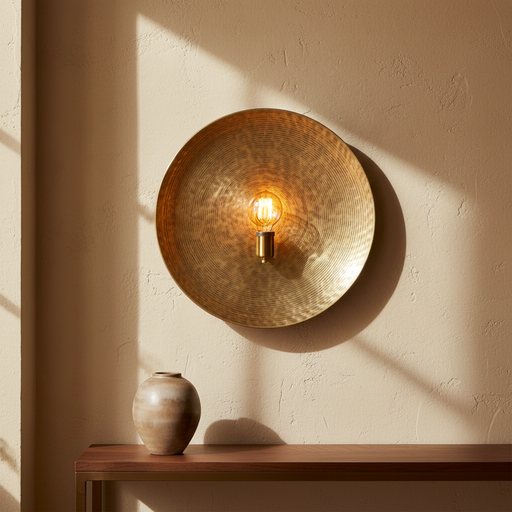 Volle Maan Brass Wall Lamp op limewash muur met walnoot console