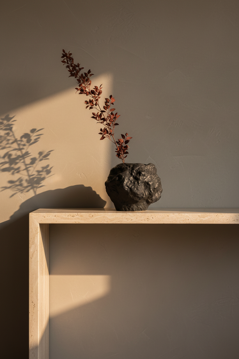 Black rock-texture ceramic vase on a travertine console against a warm limewash wall