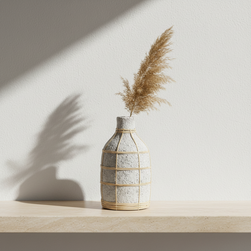 Whoopy Concrete Rattan Vase L op travertijn plank met pampas