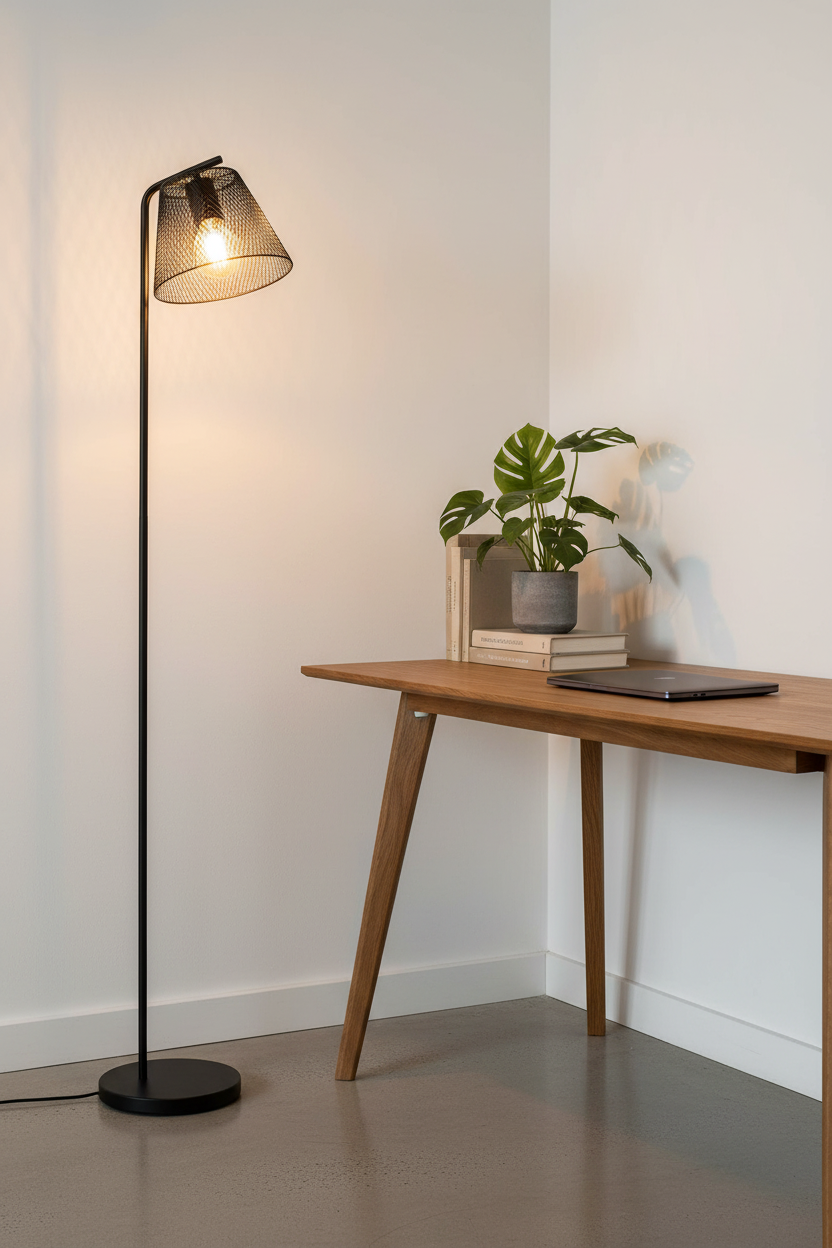 Korie wire mesh floor lamp in home office corner beside wooden desk