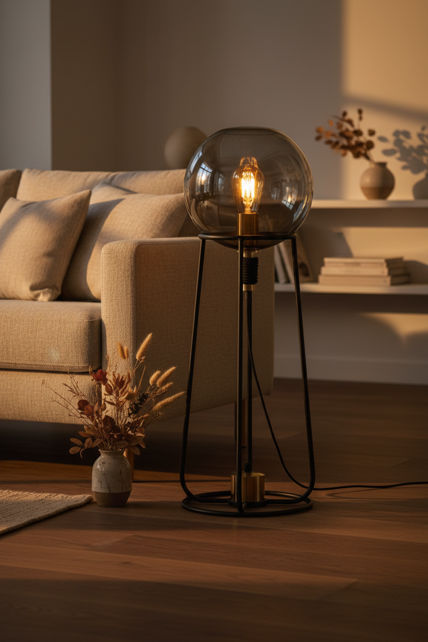 Stelo black tripod table lamp with smoked glass globe beside linen sofa with botanicals
