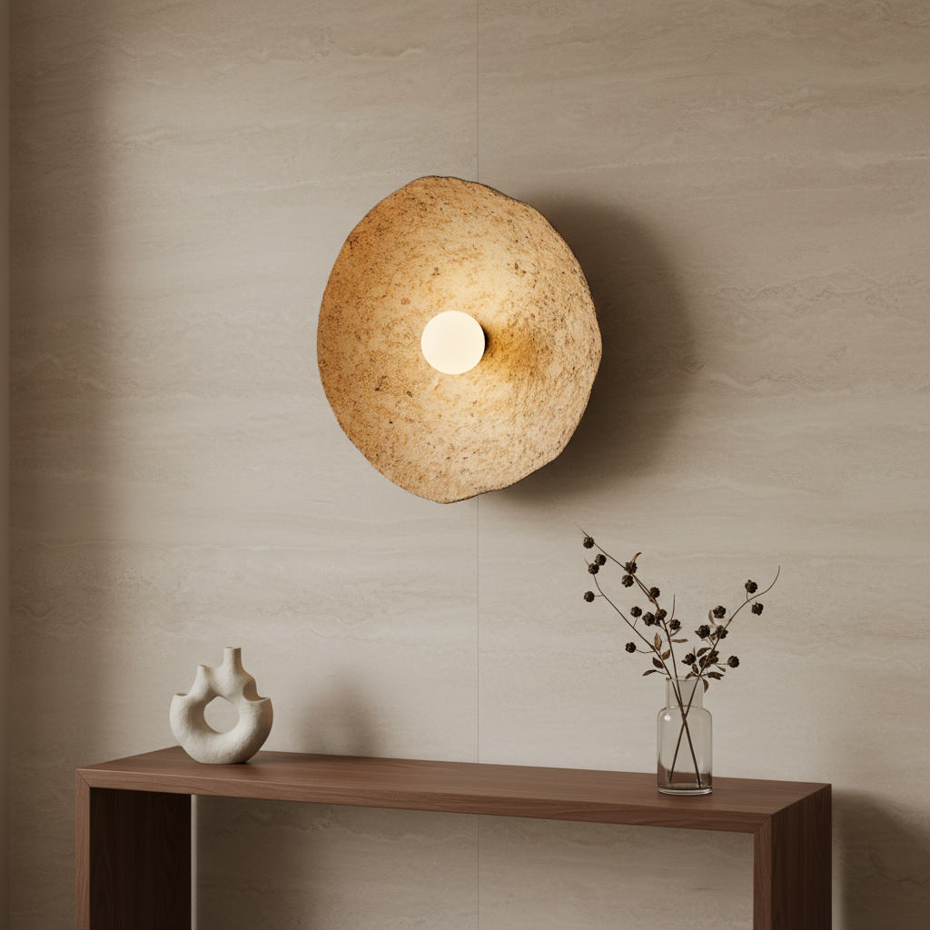 Sahara Glow Mud Wall Lamp op travertijn muur met walnoot console