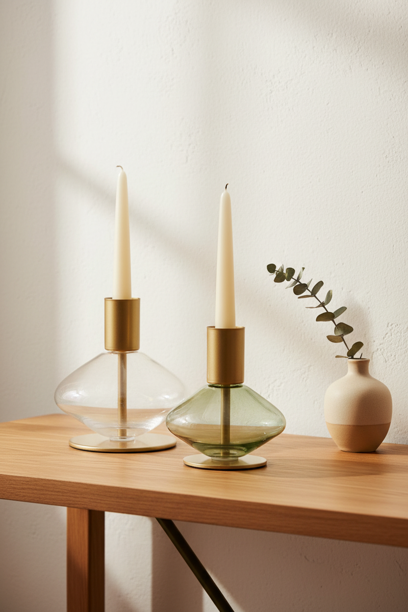 Lumis Duo candle holders on oak console, limewash wall, natural daylight