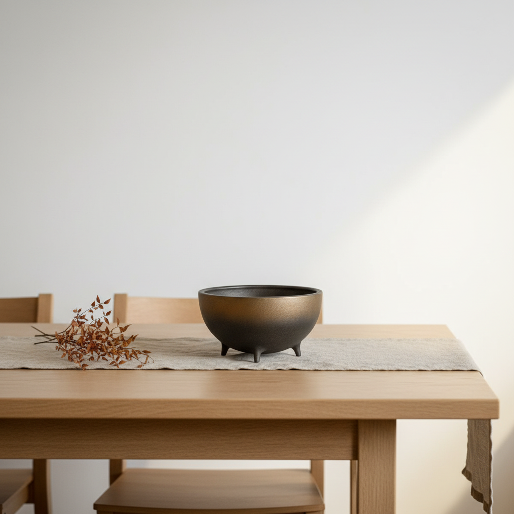 Otaru East+West hemispherical ceramic bowl with bronze-to-black mineral glaze styled on a Scandinavian dining table