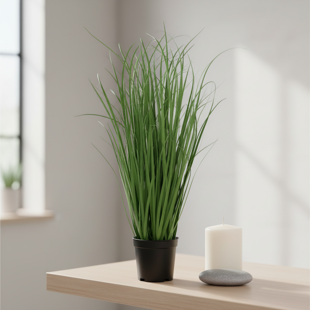 Small artificial poa grass plant on a bedroom nightstand in a calm Nordic interior with candle and pebble