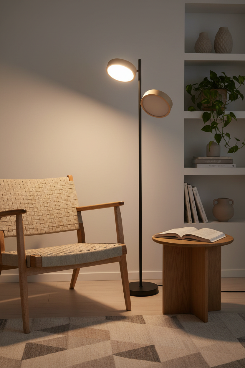Tessa almond floor lamp in living room corner beside wooden armchair