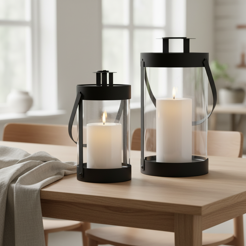 Set of two Bondi black steel and glass lanterns styled on a Scandinavian dining table with warm candlelight