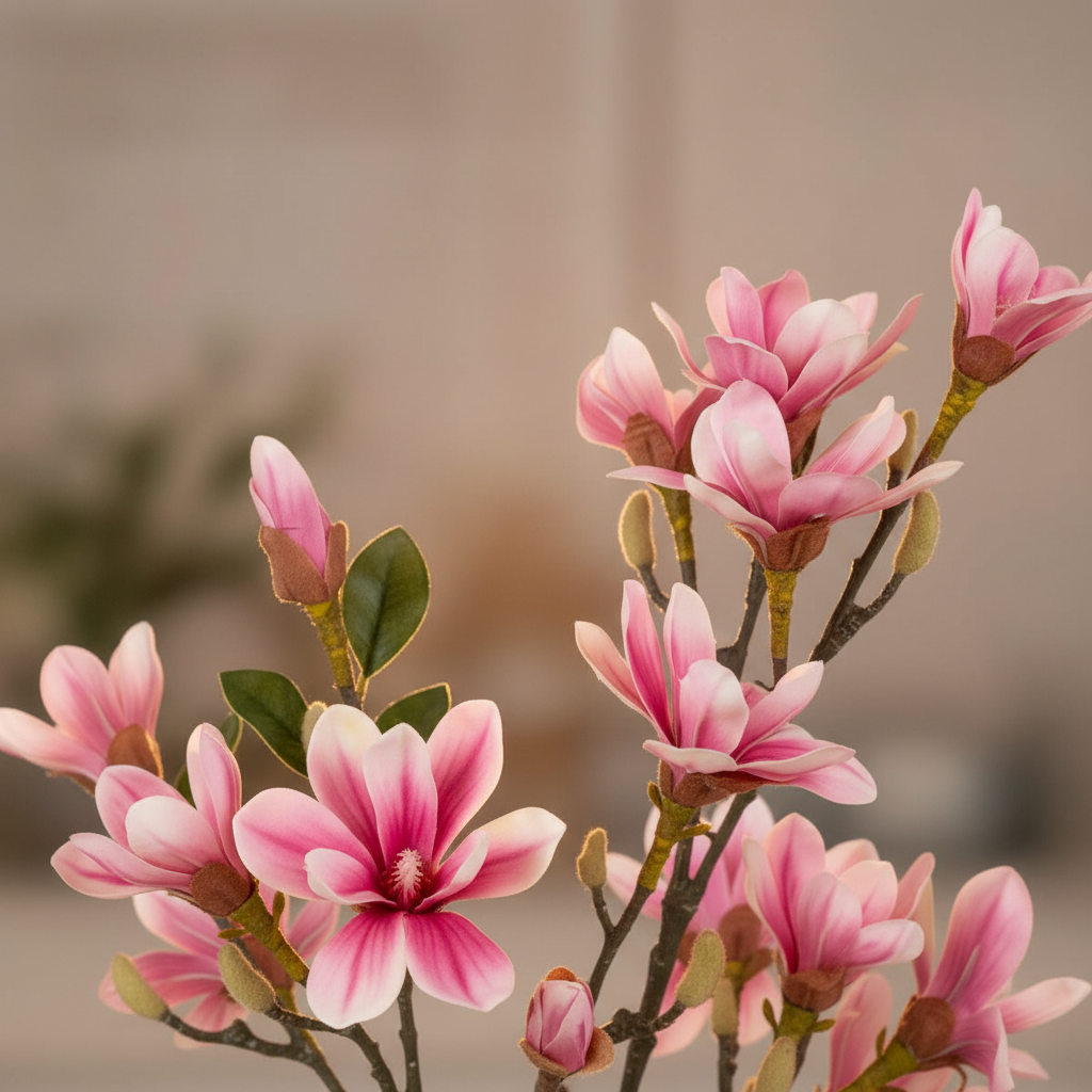 Close-up of artificial magnolia tree delicate pink blossoms and green leaves with soft warm backlight