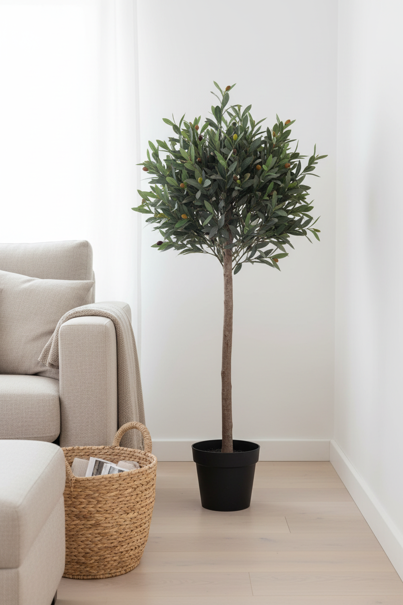 Olive faux olive tree in living room corner beside linen sofa and woven basket