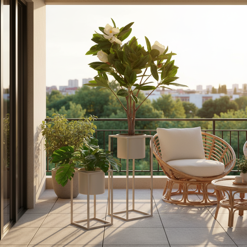 Set of two beige grey steel Marla plant stands on a sheltered balcony with warm afternoon light